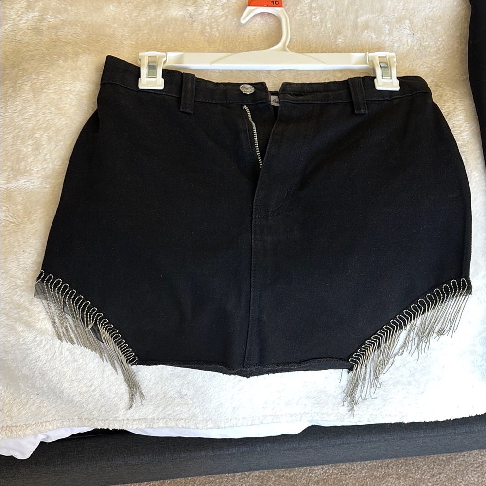Black Fringe Denim Skirt